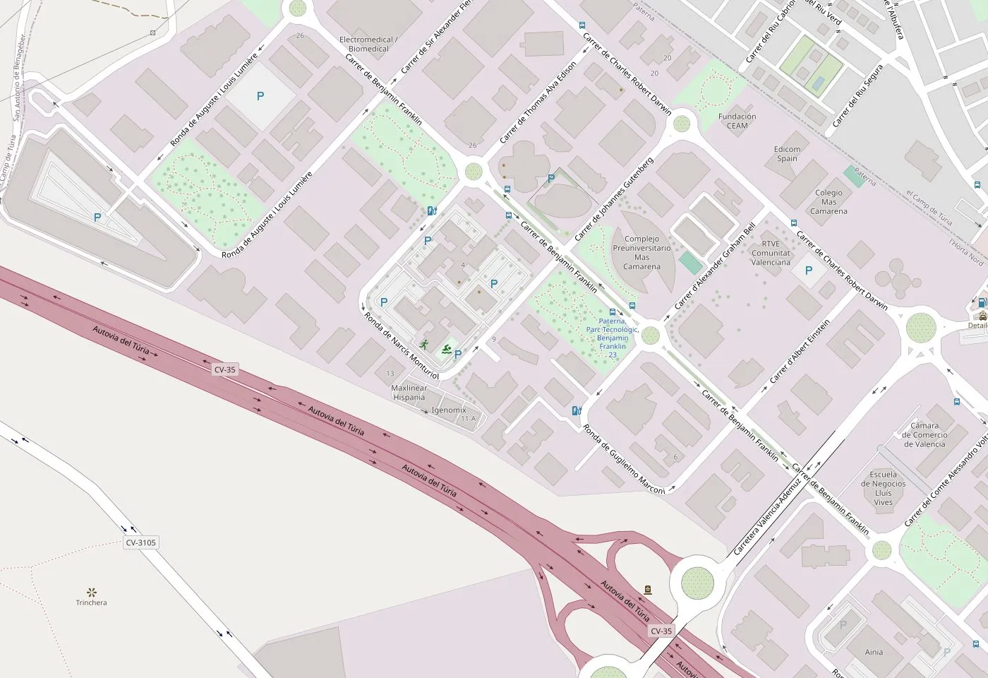 Plano de la zona del Parque Tecnológico de Paterna con la sede de ímola en el centro
